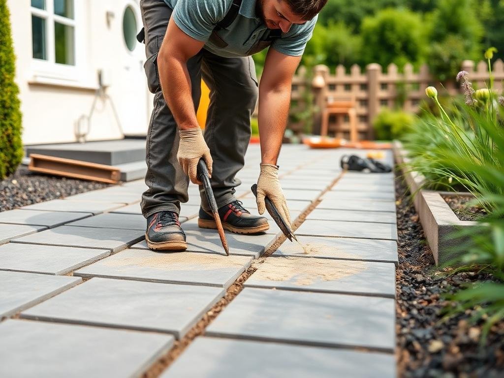 Handwerker verlegt großformatige Platten für eine Gartenterrasse