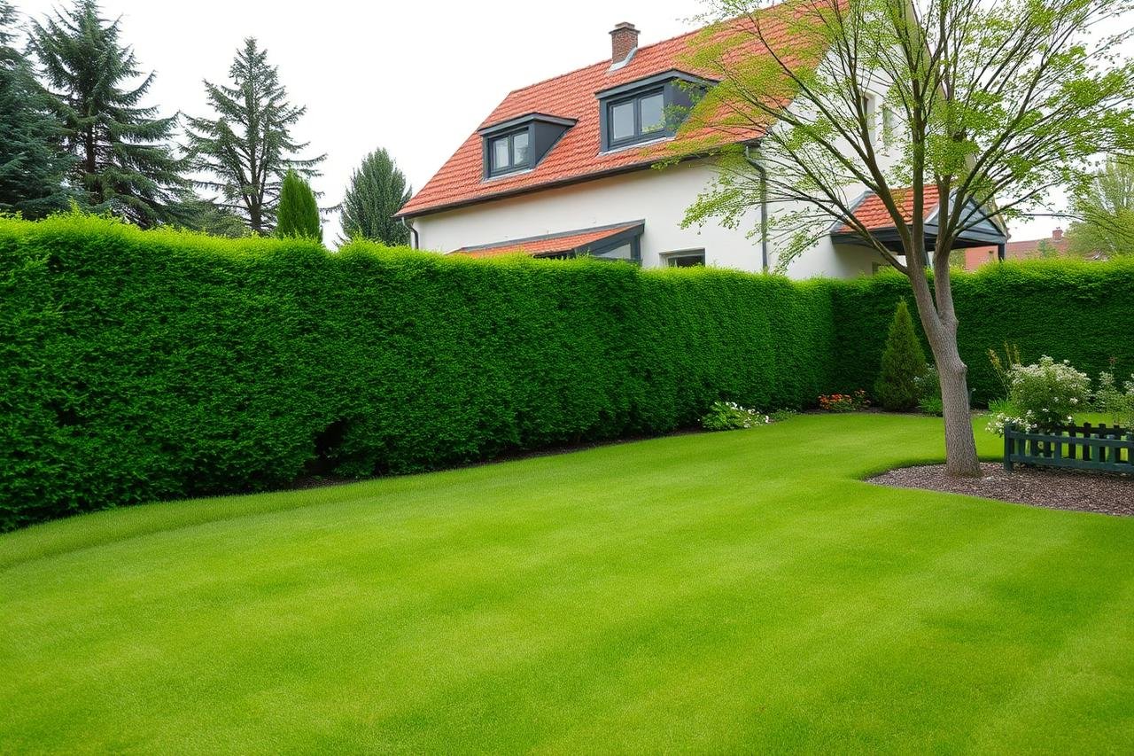 Derselbe Garten nach der Pflege mit gemähtem Rasen und geschnittener Hecke