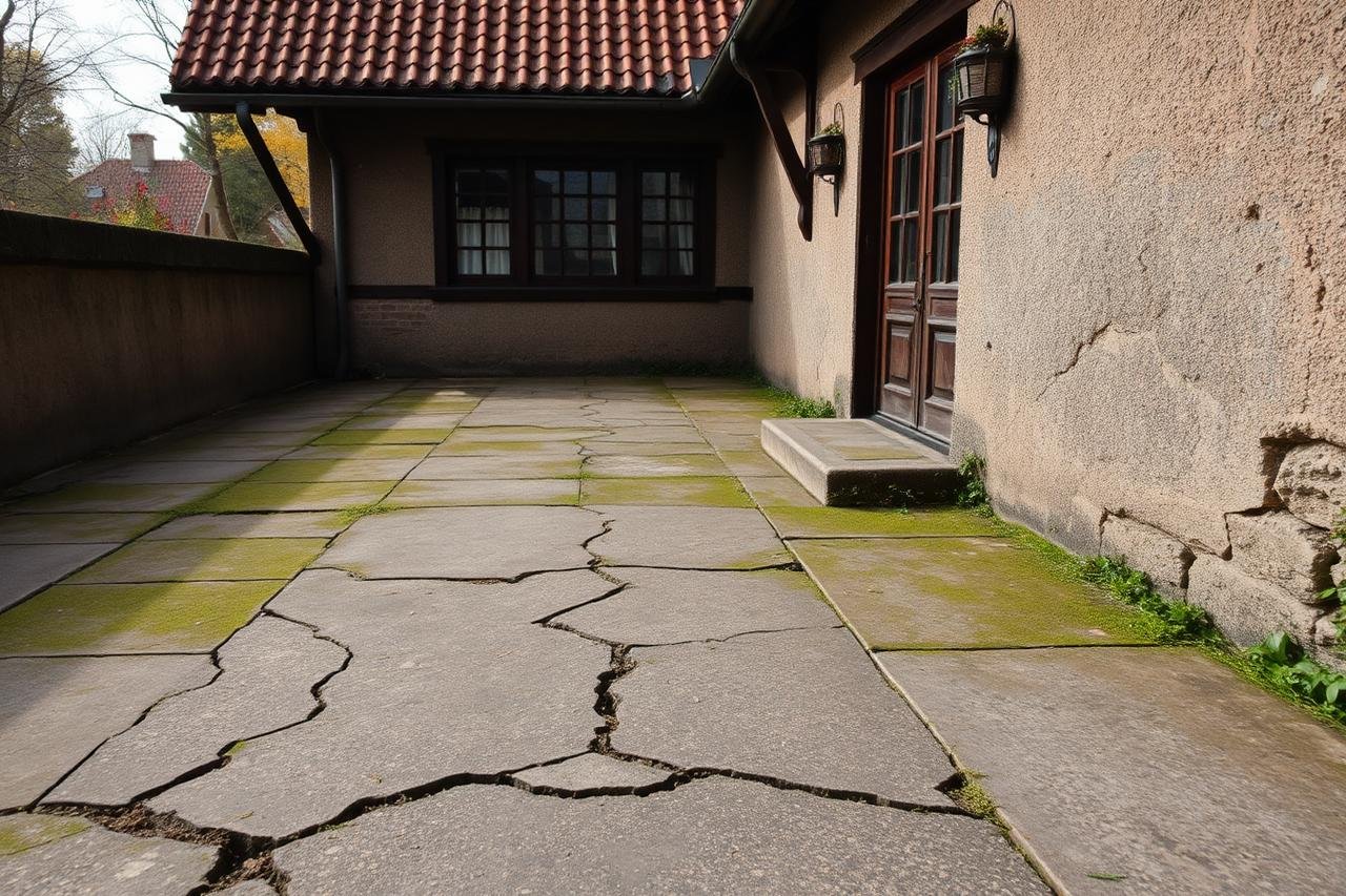 Alte, rissige und vermooste Betonterrasse vor der Sanierung